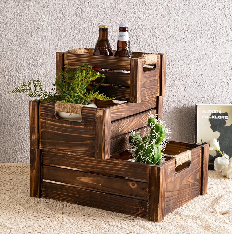 TIMRIS Set of 3 Rustic Wood Nesting Crates, Farmhouse Wooden Storage Container Boxes with Cutout Handles, Decorative Wooden Baskets for Display (Rustic Brown) - Image 1